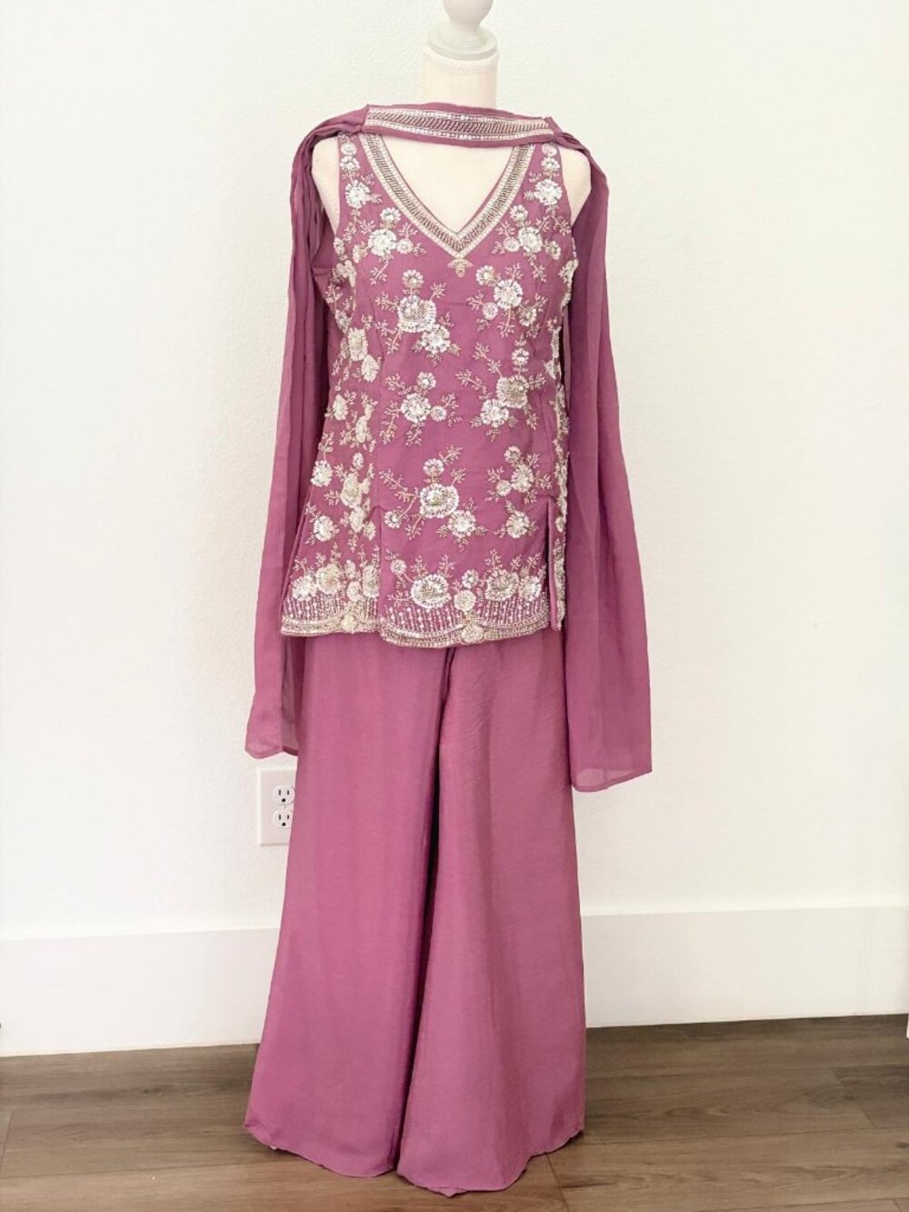 Mauve Pink Embroidered Palazzo Suit Set with Dupatta |Indian Ethnic Wear |Size M